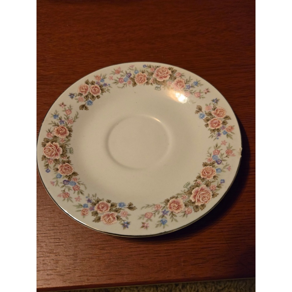 Vintage Made in China Porcelain Saucer Pink Rose Blue Floral‎ Silver Trim White